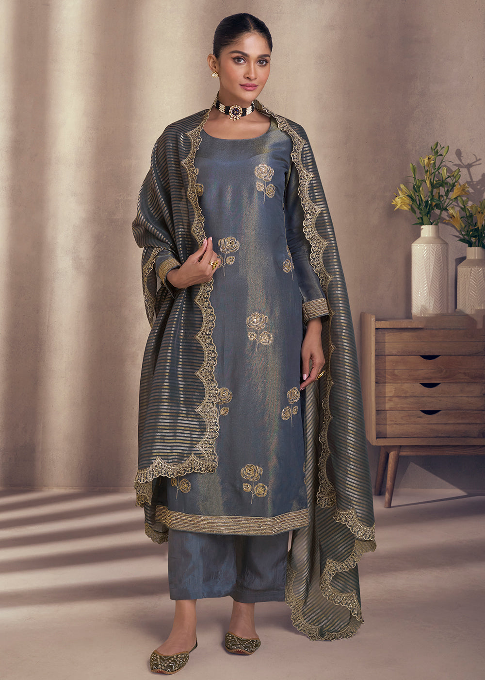 Slate Grey Shimmer Silk Wedding Festive Salwar Kameez