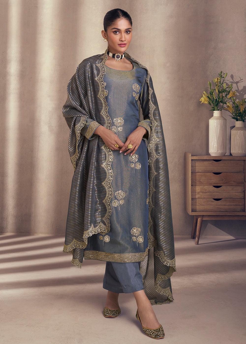 Slate Grey Shimmer Silk Wedding Festive Salwar Kameez