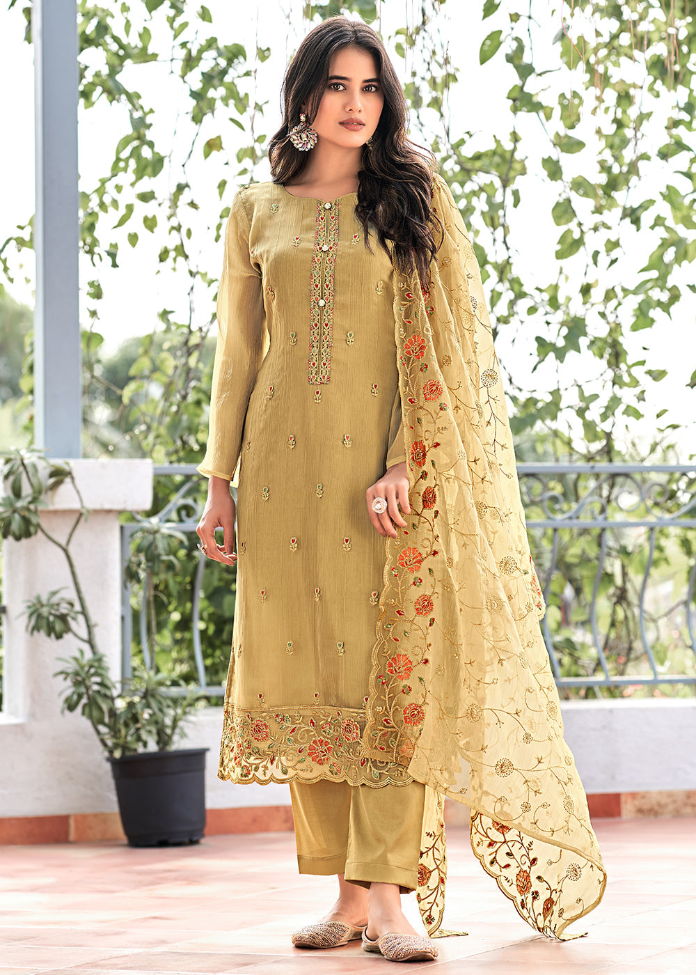 Fawn Brown Embroidered Organza Chiffon Festive Salwar Suit