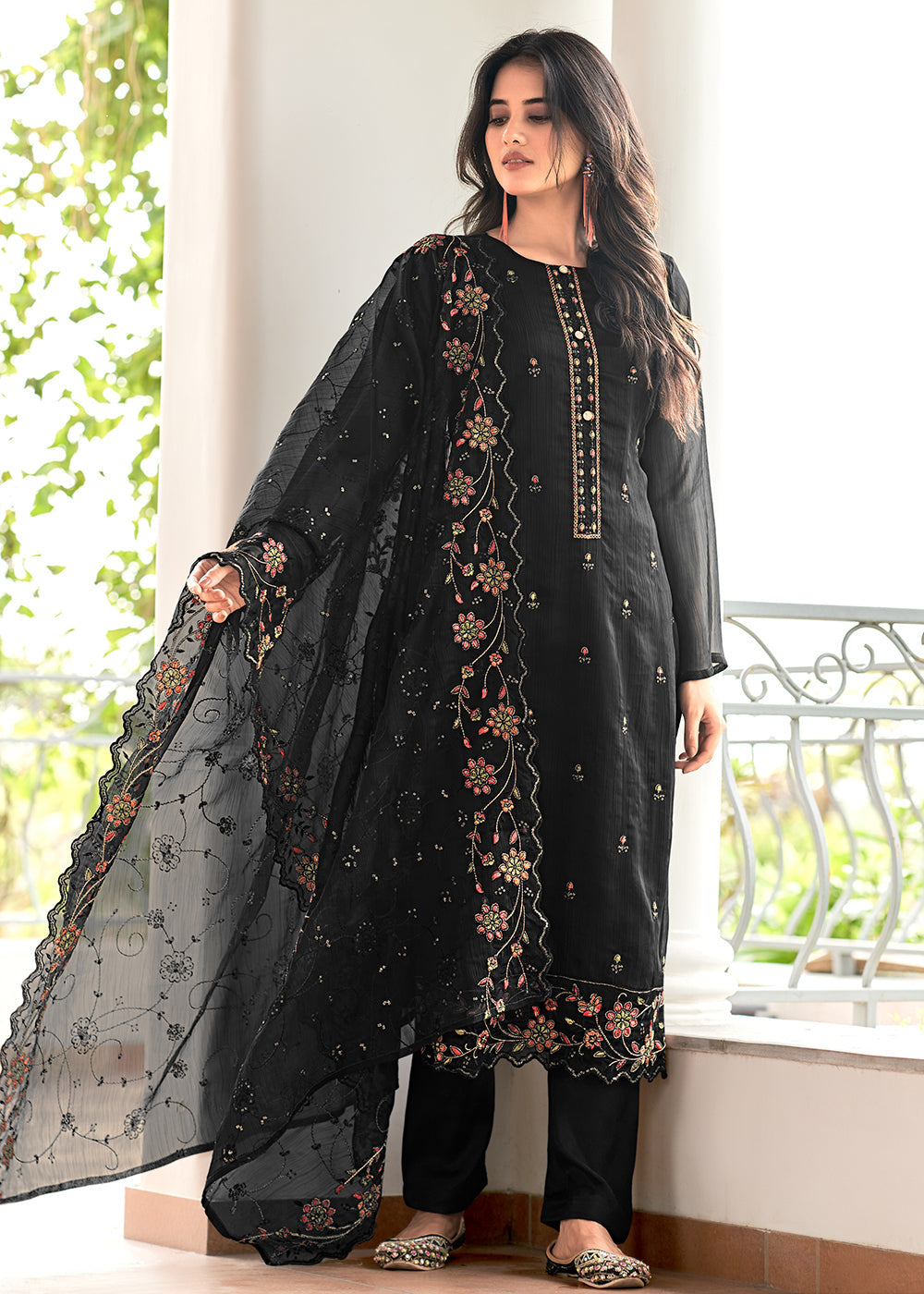 Black Embroidered Organza Chiffon Festive Salwar Suit