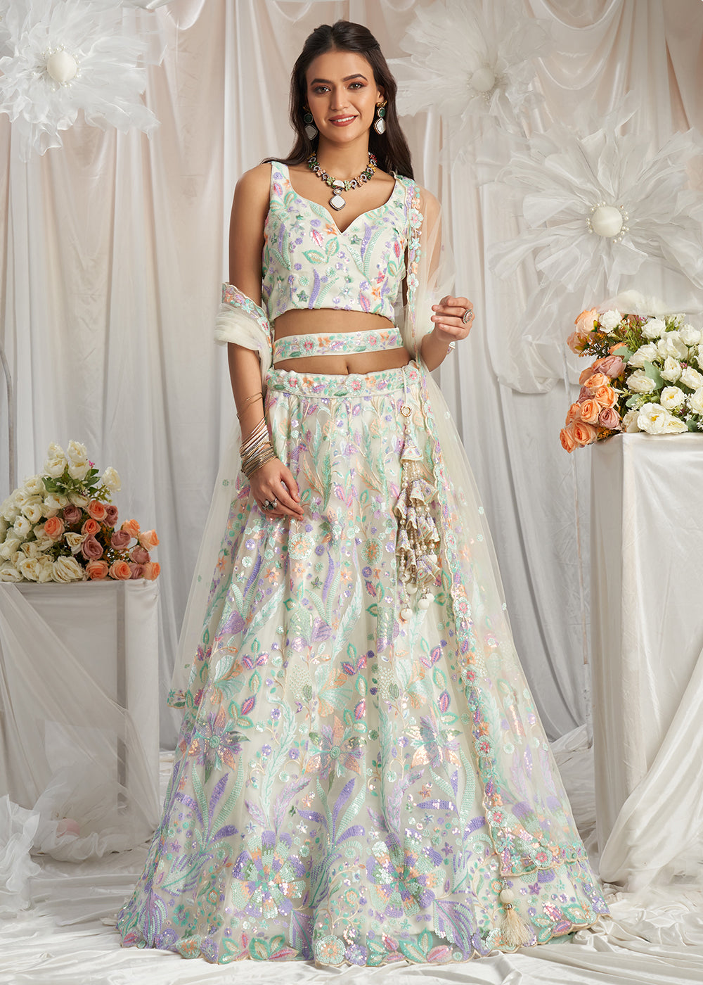 Cream Net Floral Embroidered Designer Lehenga Choli