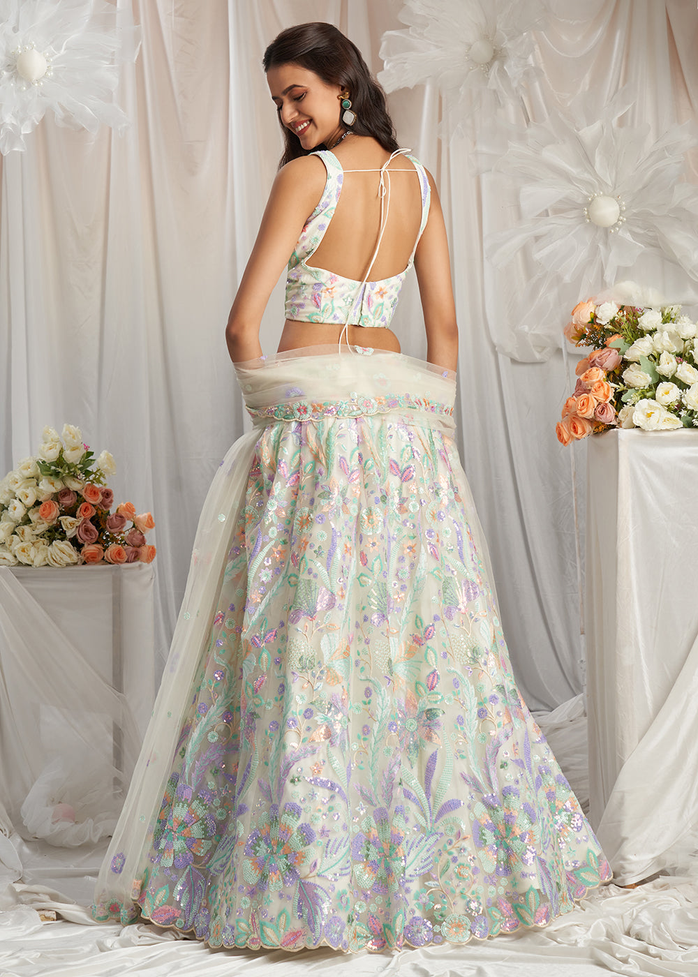 Cream Net Floral Embroidered Designer Lehenga Choli