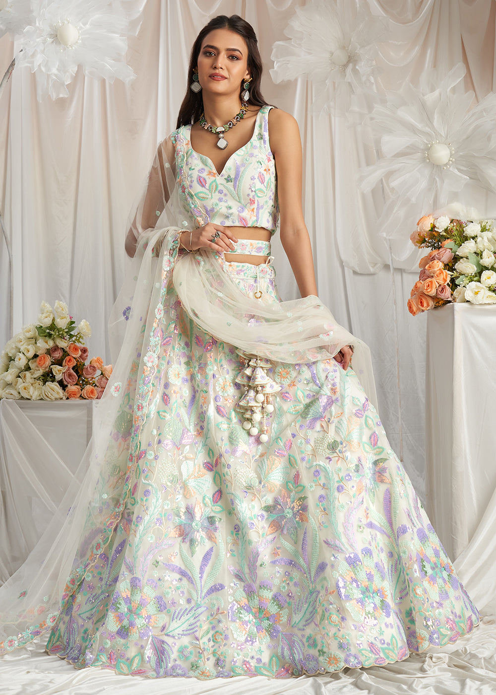 Cream Net Floral Embroidered Designer Lehenga Choli