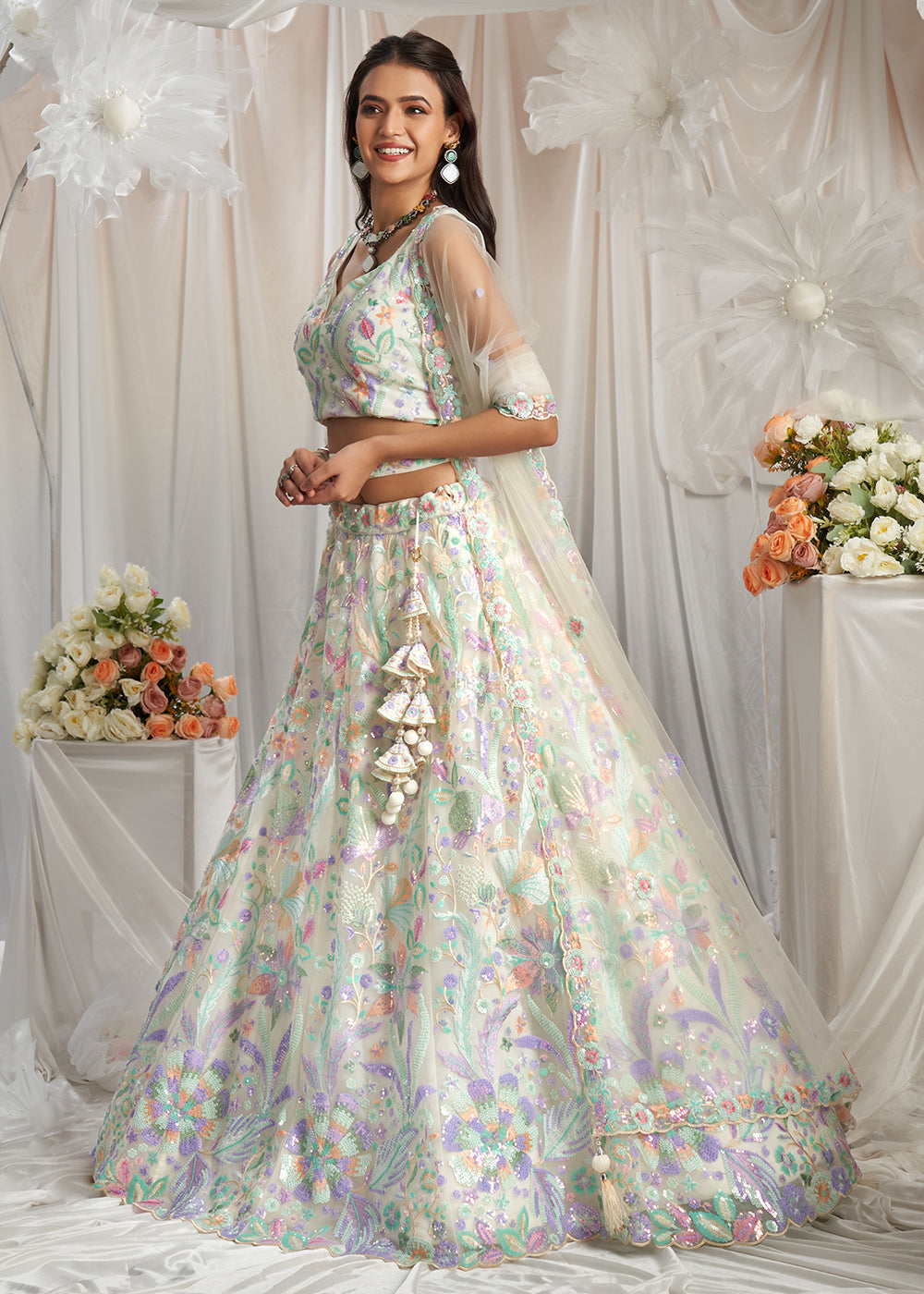 Cream Net Floral Embroidered Designer Lehenga Choli