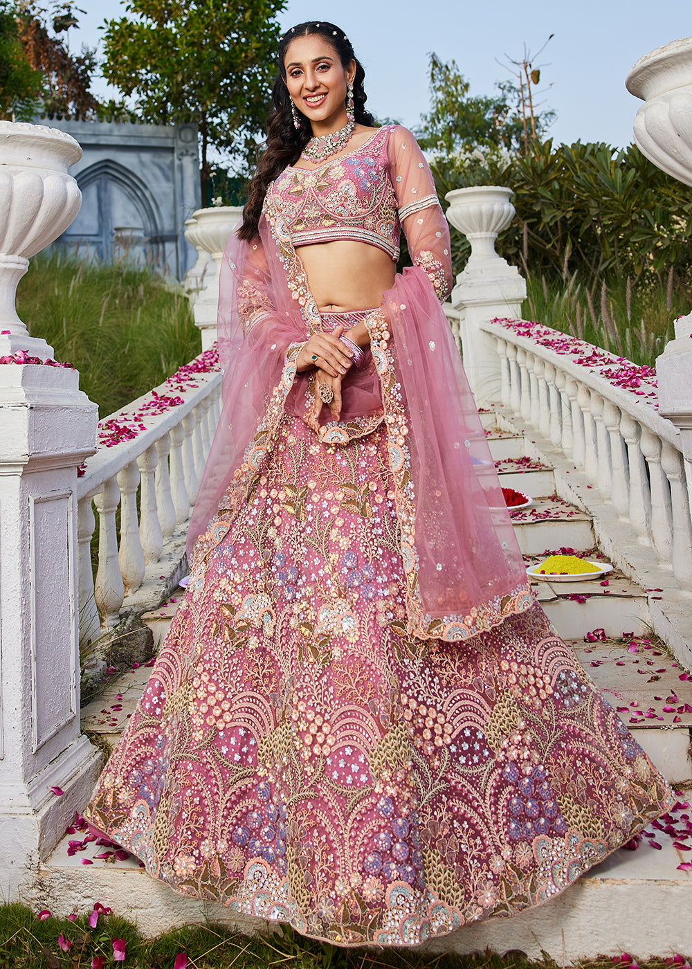 Pink Cording & Sequins Embroidered Net Lehenga Choli