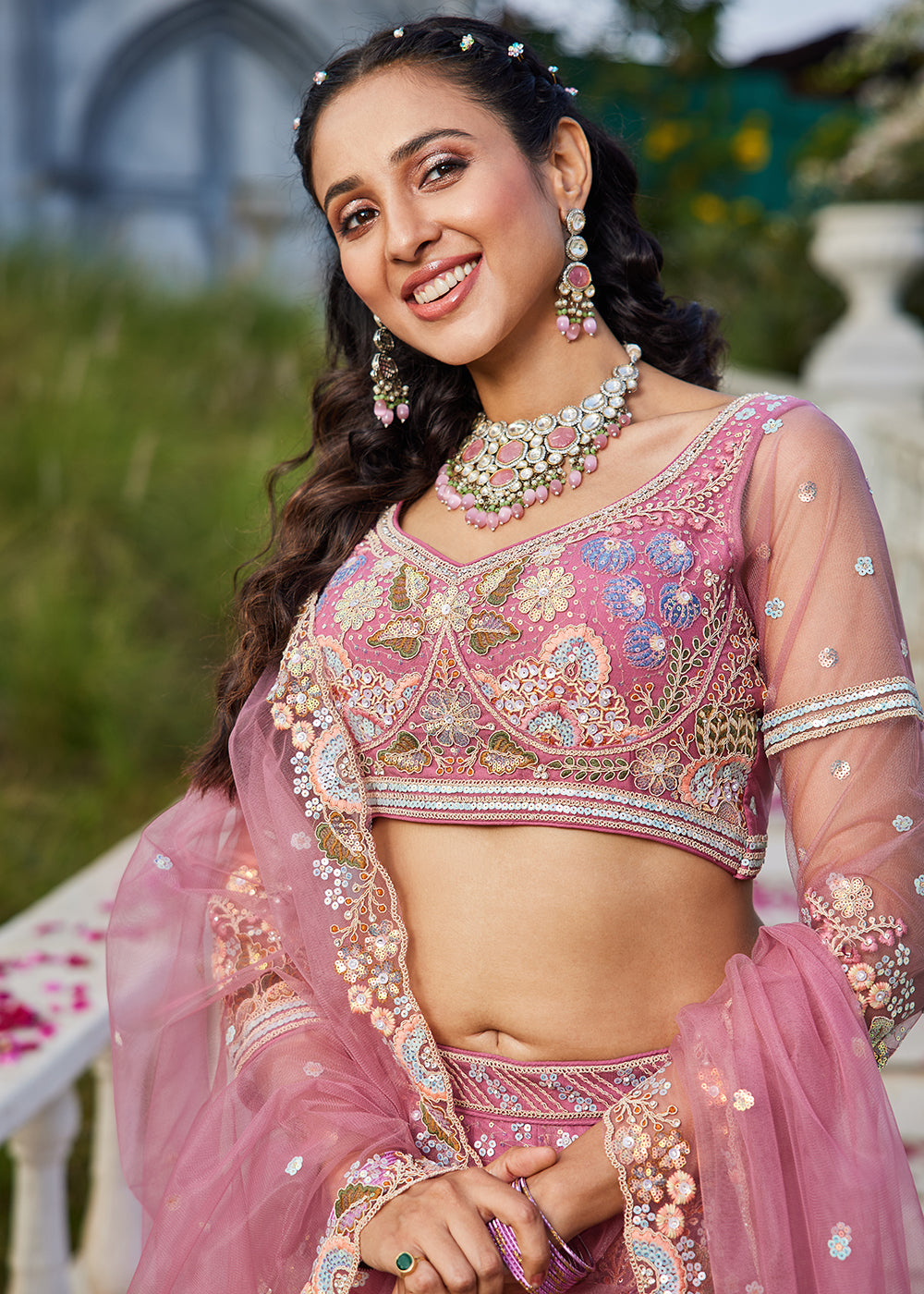 Pink Cording & Sequins Embroidered Net Lehenga Choli