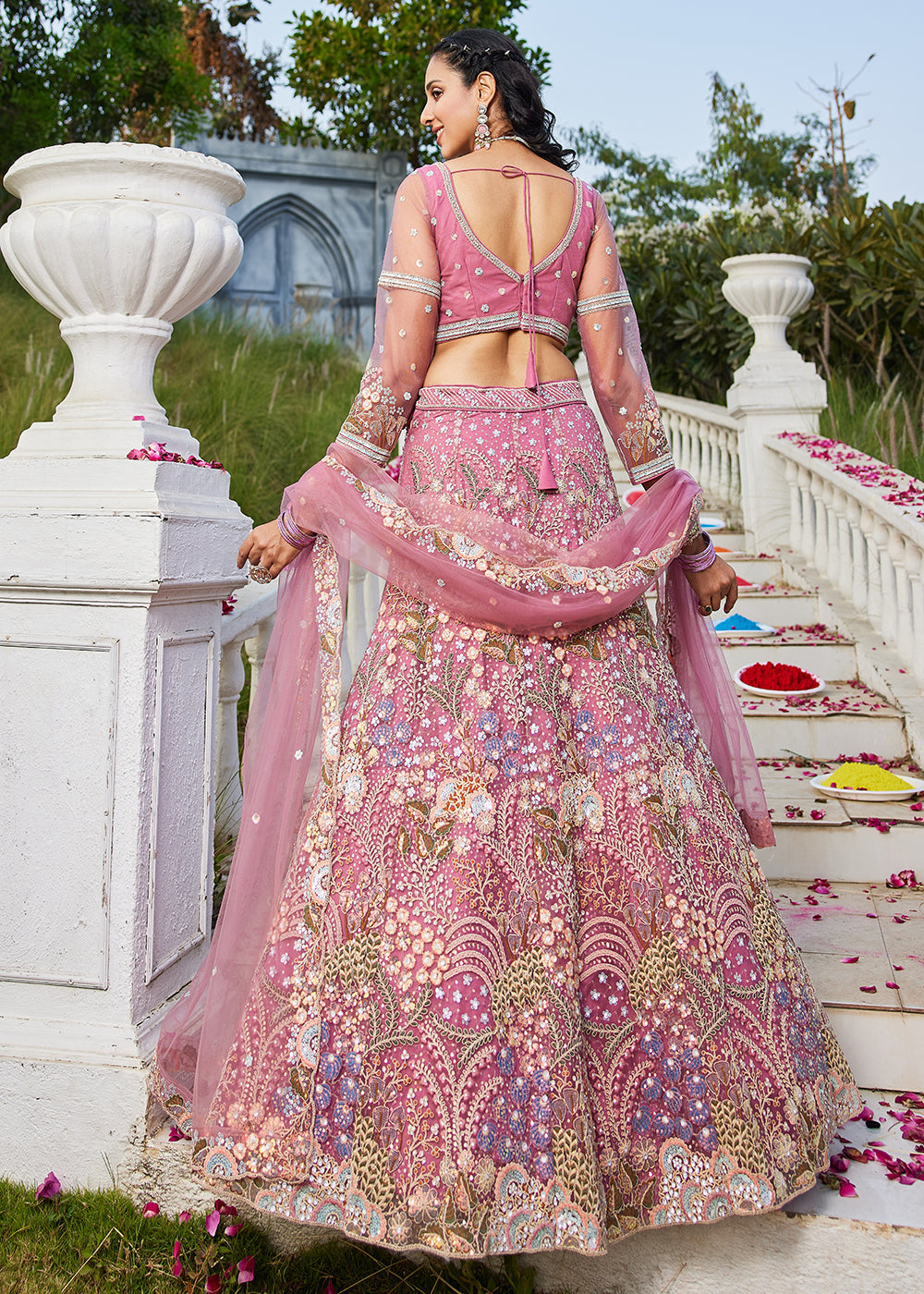 Pink Cording & Sequins Embroidered Net Lehenga Choli