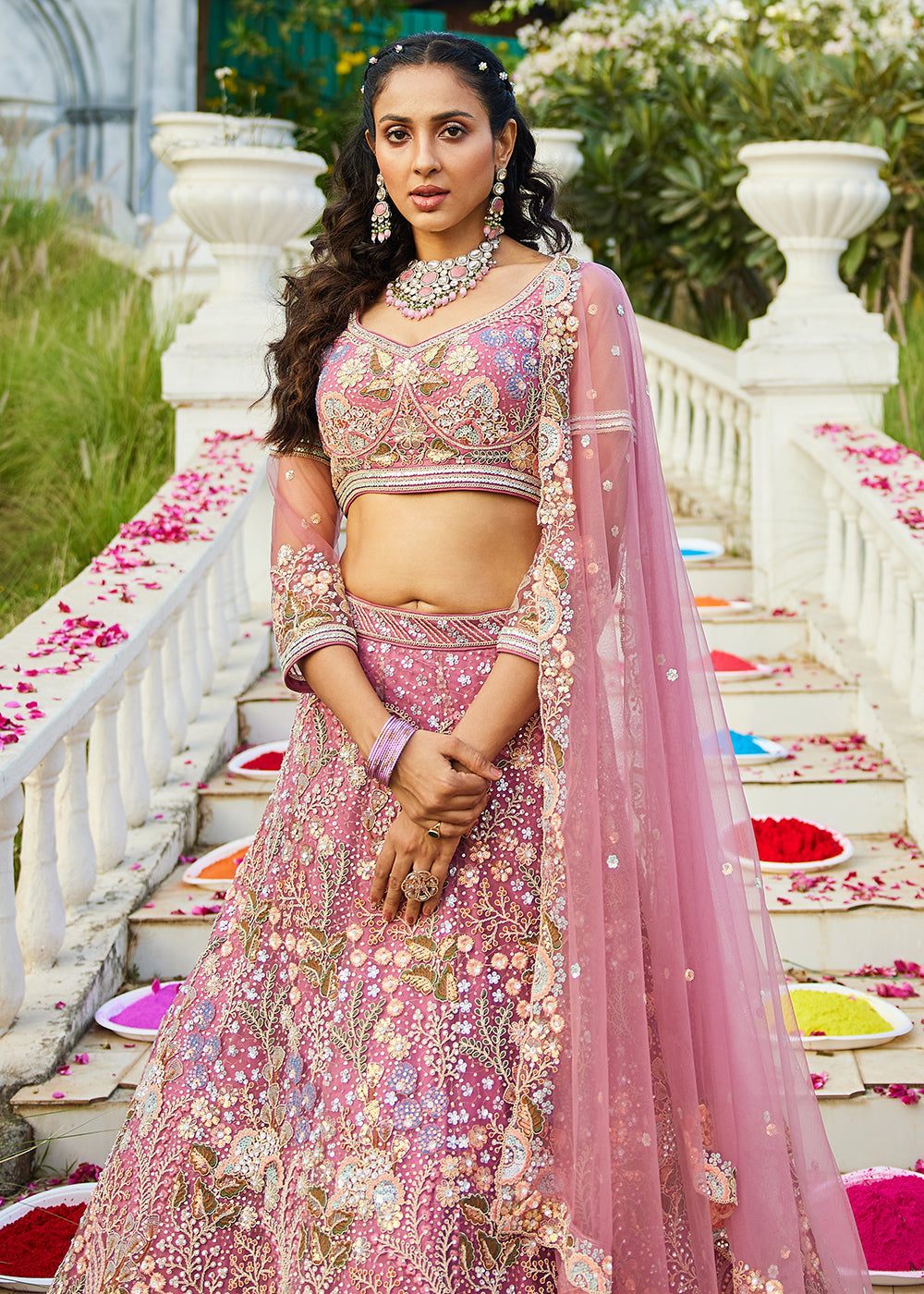 Pink Cording & Sequins Embroidered Net Lehenga Choli