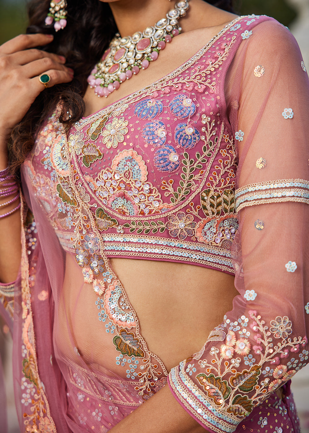 Pink Cording & Sequins Embroidered Net Lehenga Choli