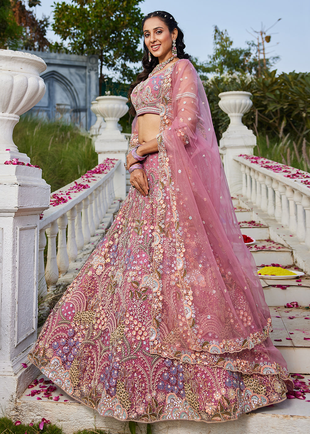 Pink Cording & Sequins Embroidered Net Lehenga Choli