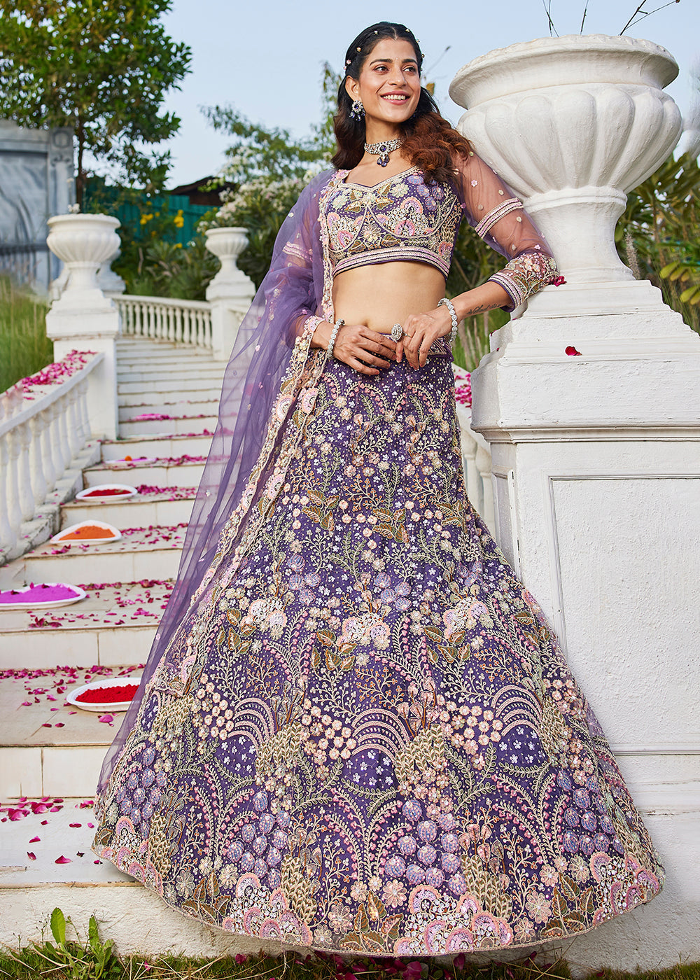 Purple Cording & Sequins Embroidered Net Lehenga Choli