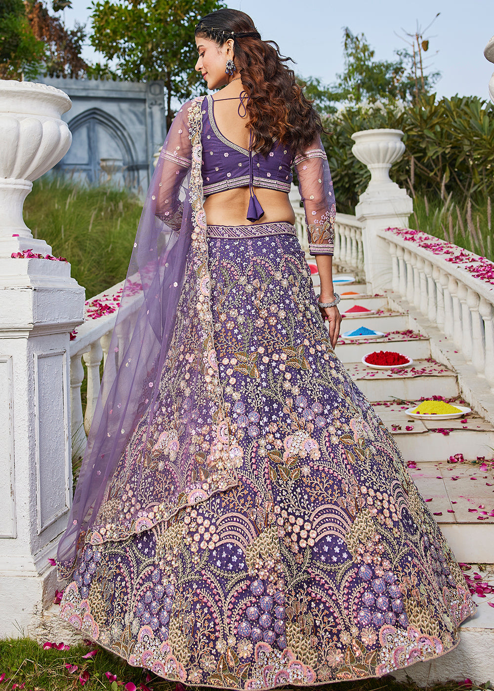 Purple Cording & Sequins Embroidered Net Lehenga Choli