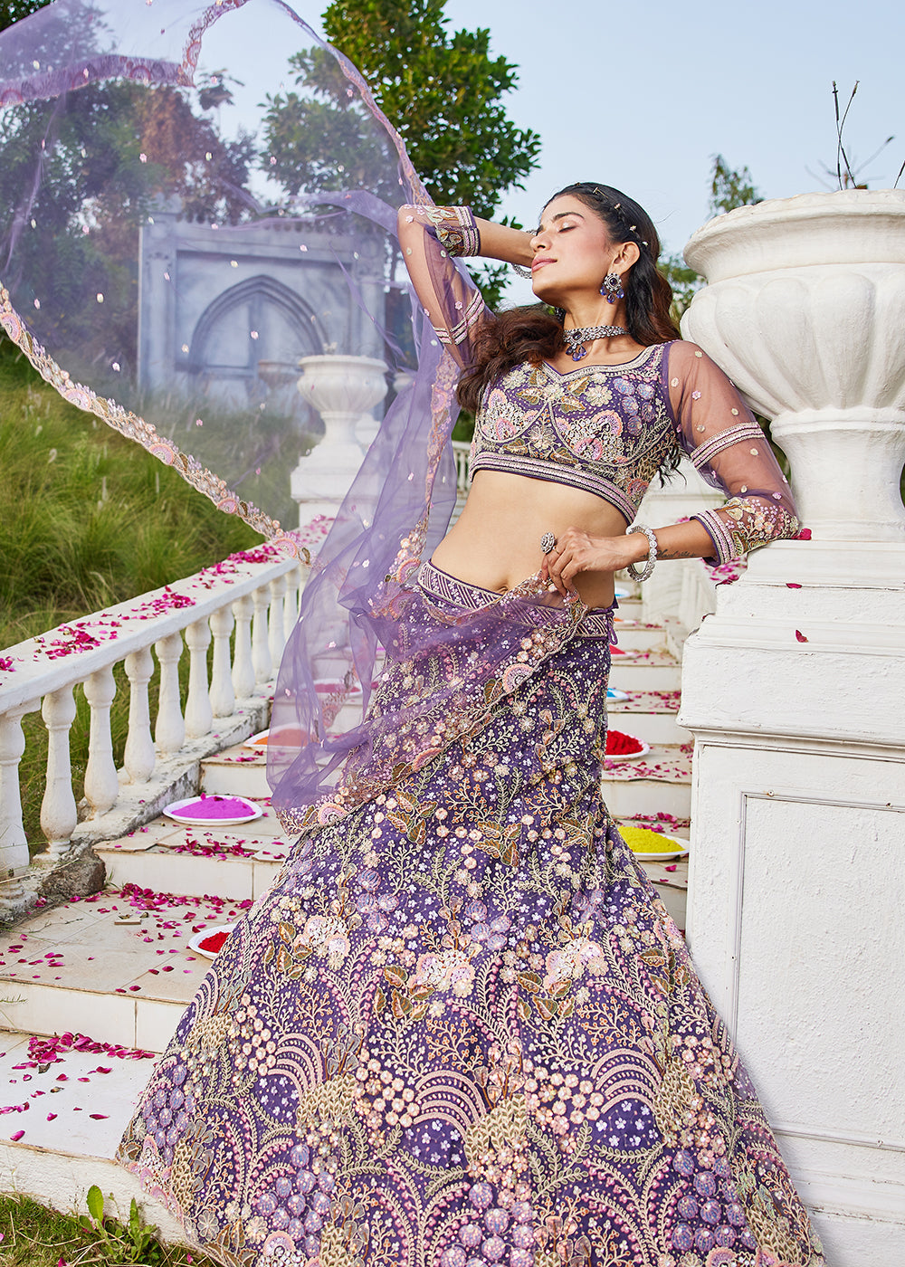 Purple Cording & Sequins Embroidered Net Lehenga Choli