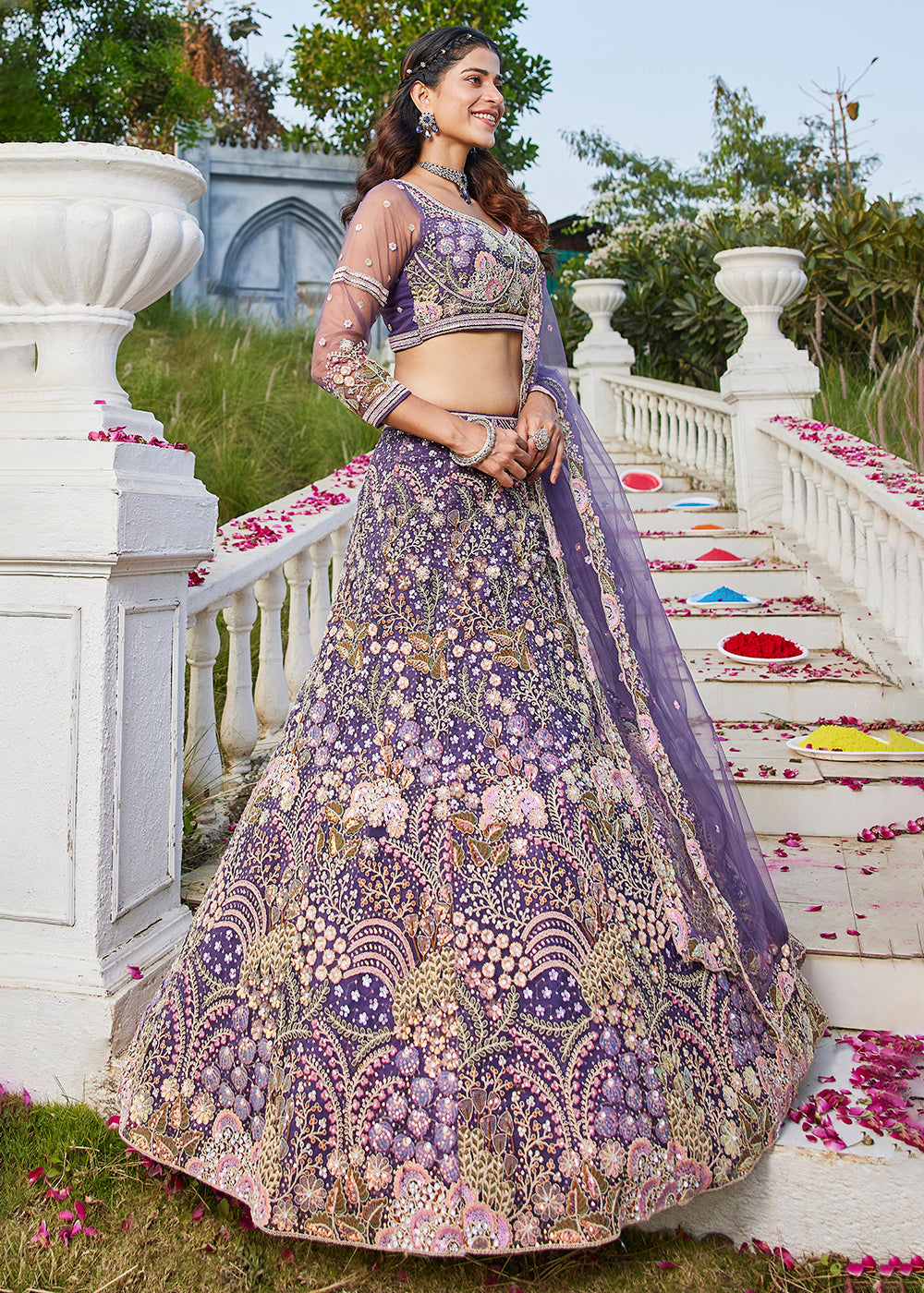 Purple Cording & Sequins Embroidered Net Lehenga Choli