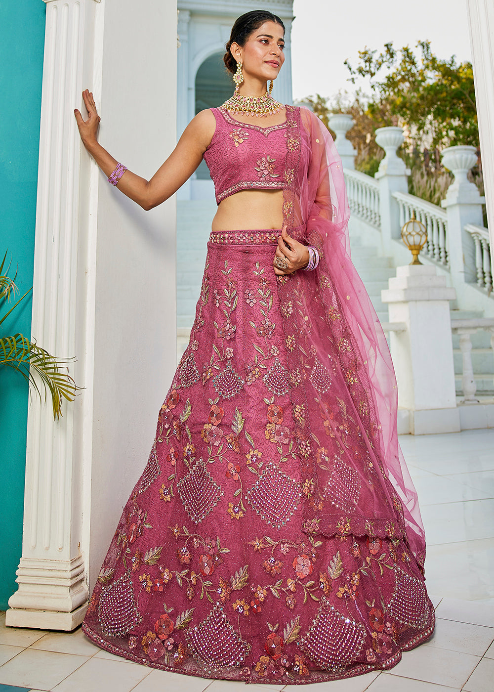 Pink Net Cording & Zarkan Festive Lehenga Choli