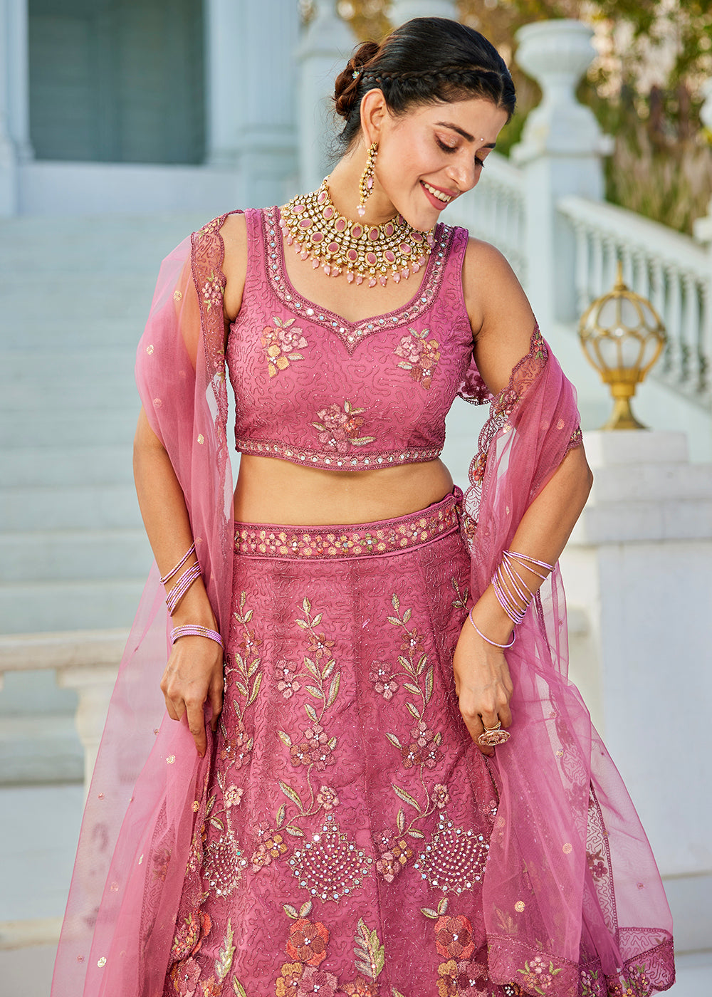 Pink Net Cording & Zarkan Festive Lehenga Choli