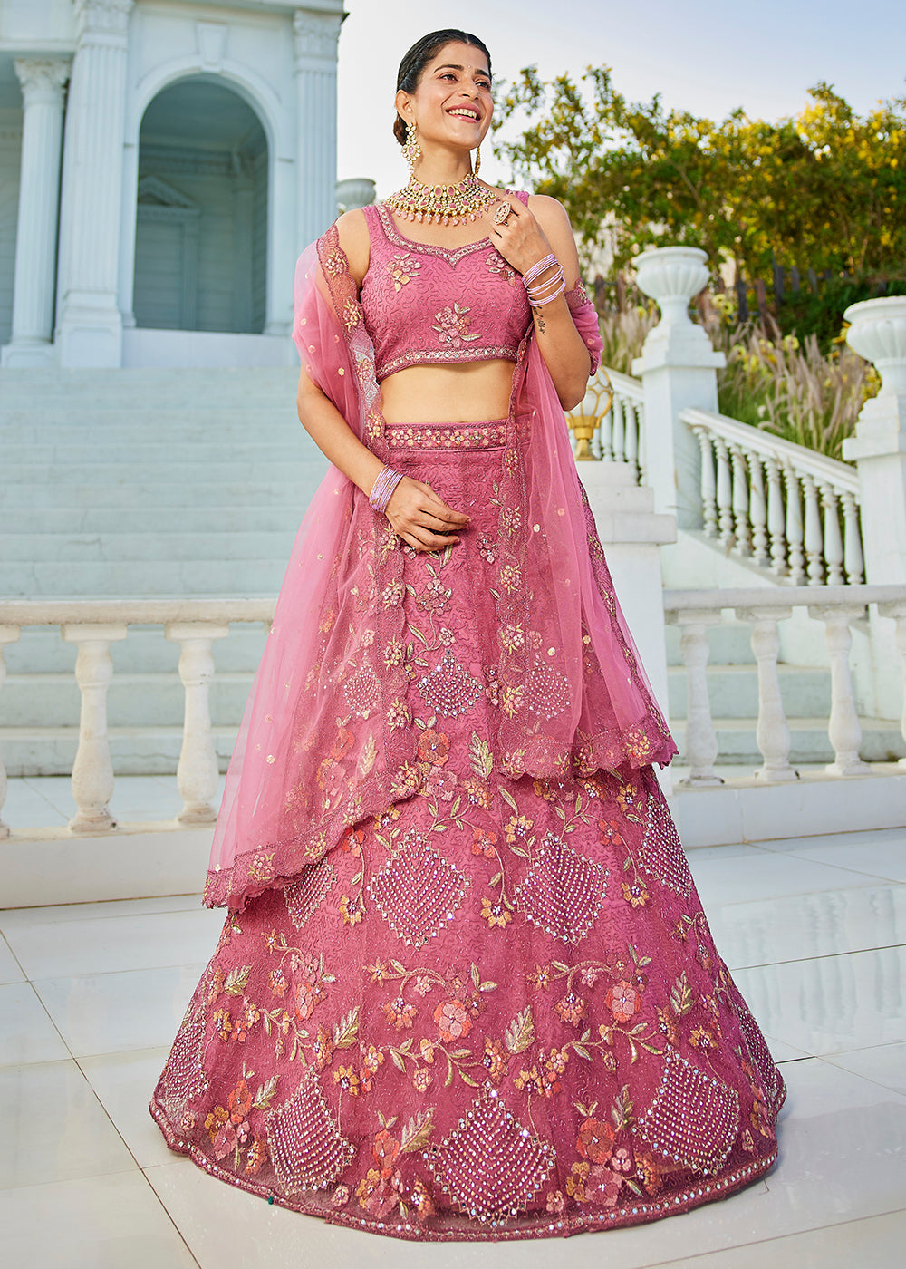 Pink Net Cording & Zarkan Festive Lehenga Choli