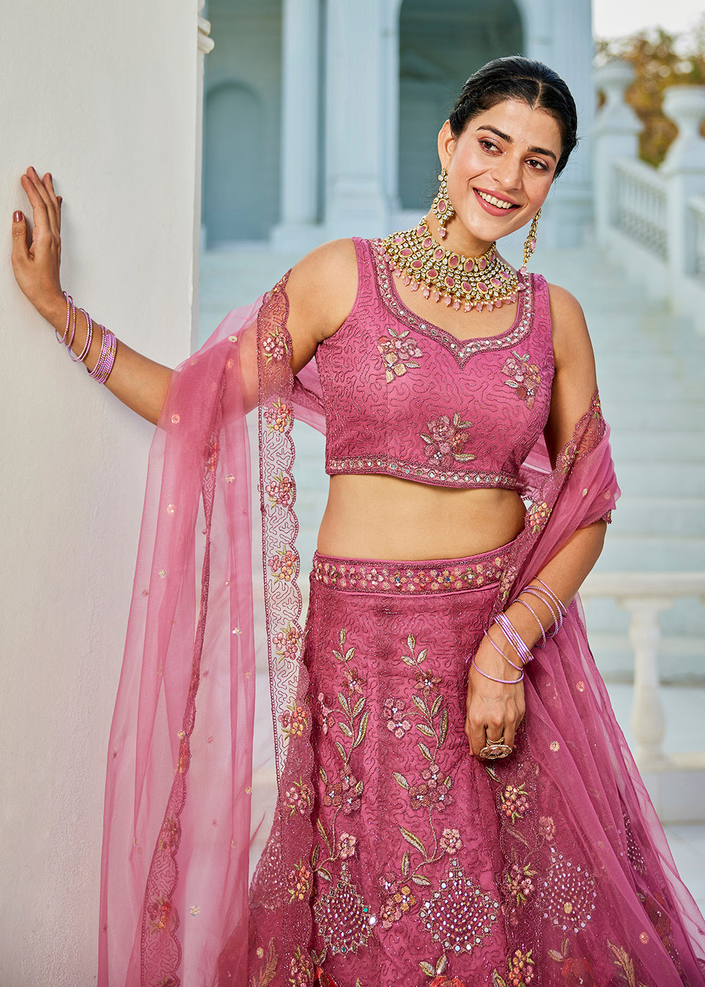 Pink Net Cording & Zarkan Festive Lehenga Choli