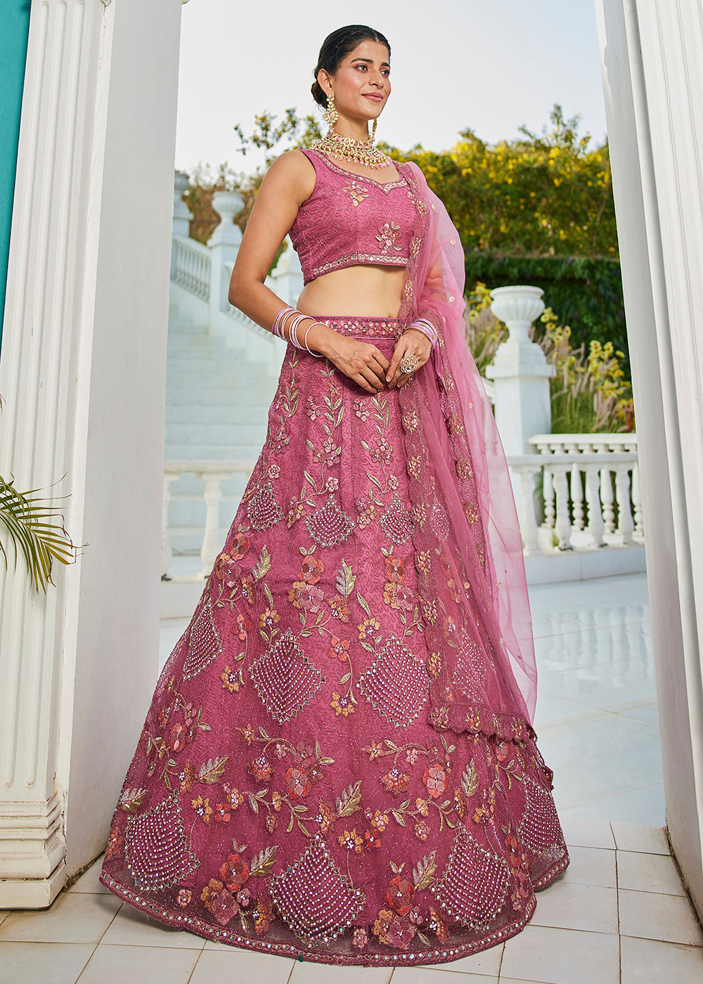 Pink Net Cording & Zarkan Festive Lehenga Choli