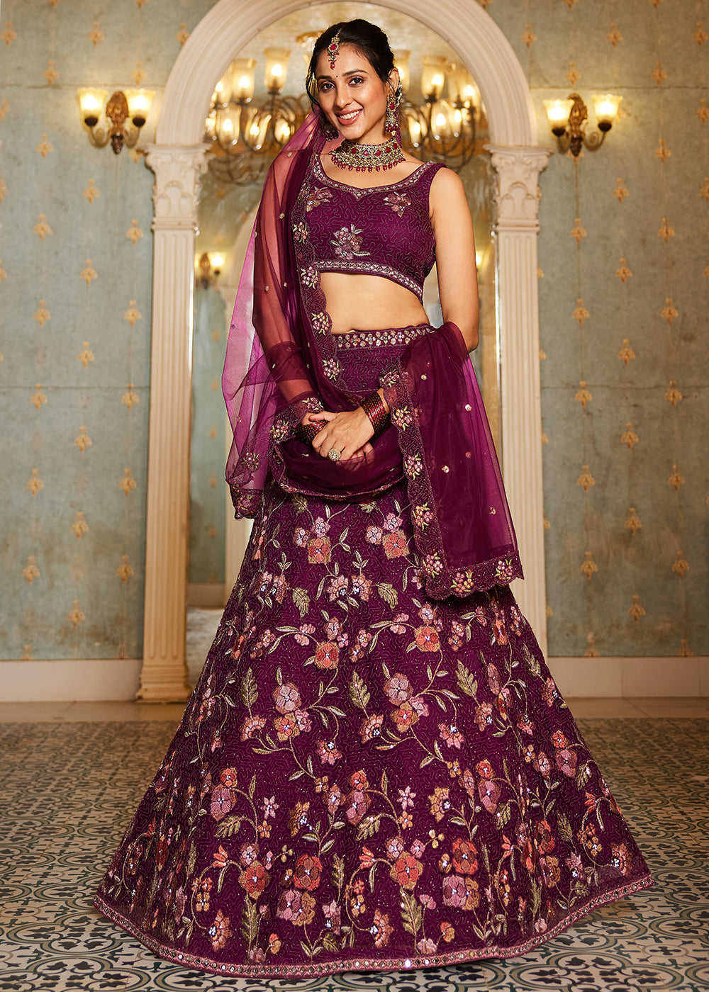 Burgundy Net Embroidered Wedding Style Lehenga Choli