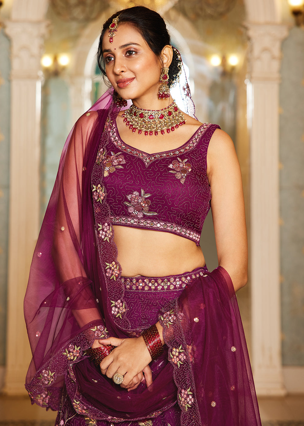 Burgundy Net Embroidered Wedding Style Lehenga Choli