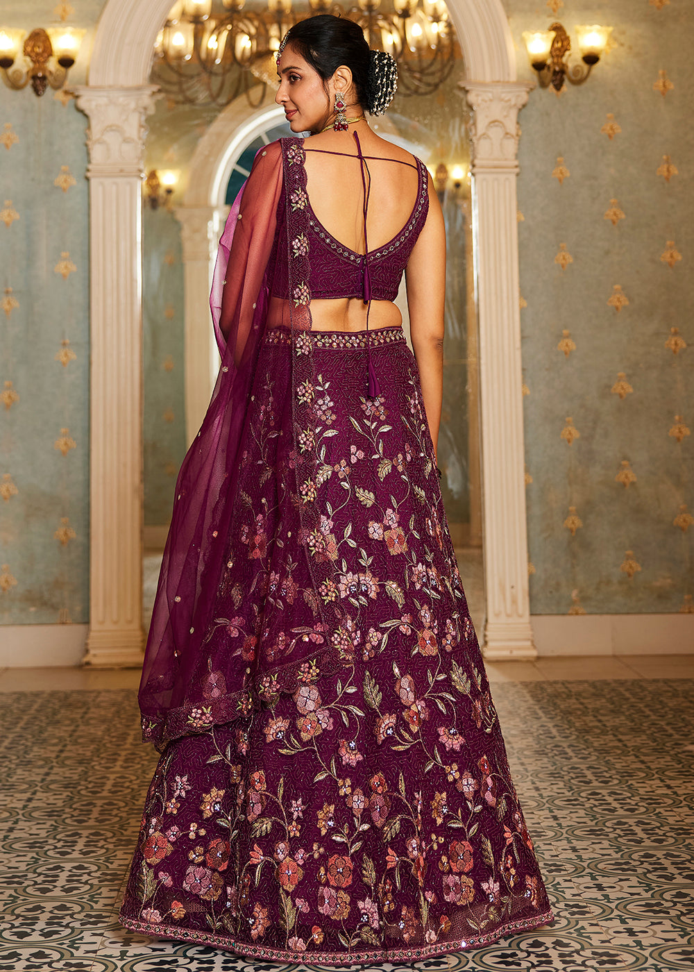 Burgundy Net Embroidered Wedding Style Lehenga Choli