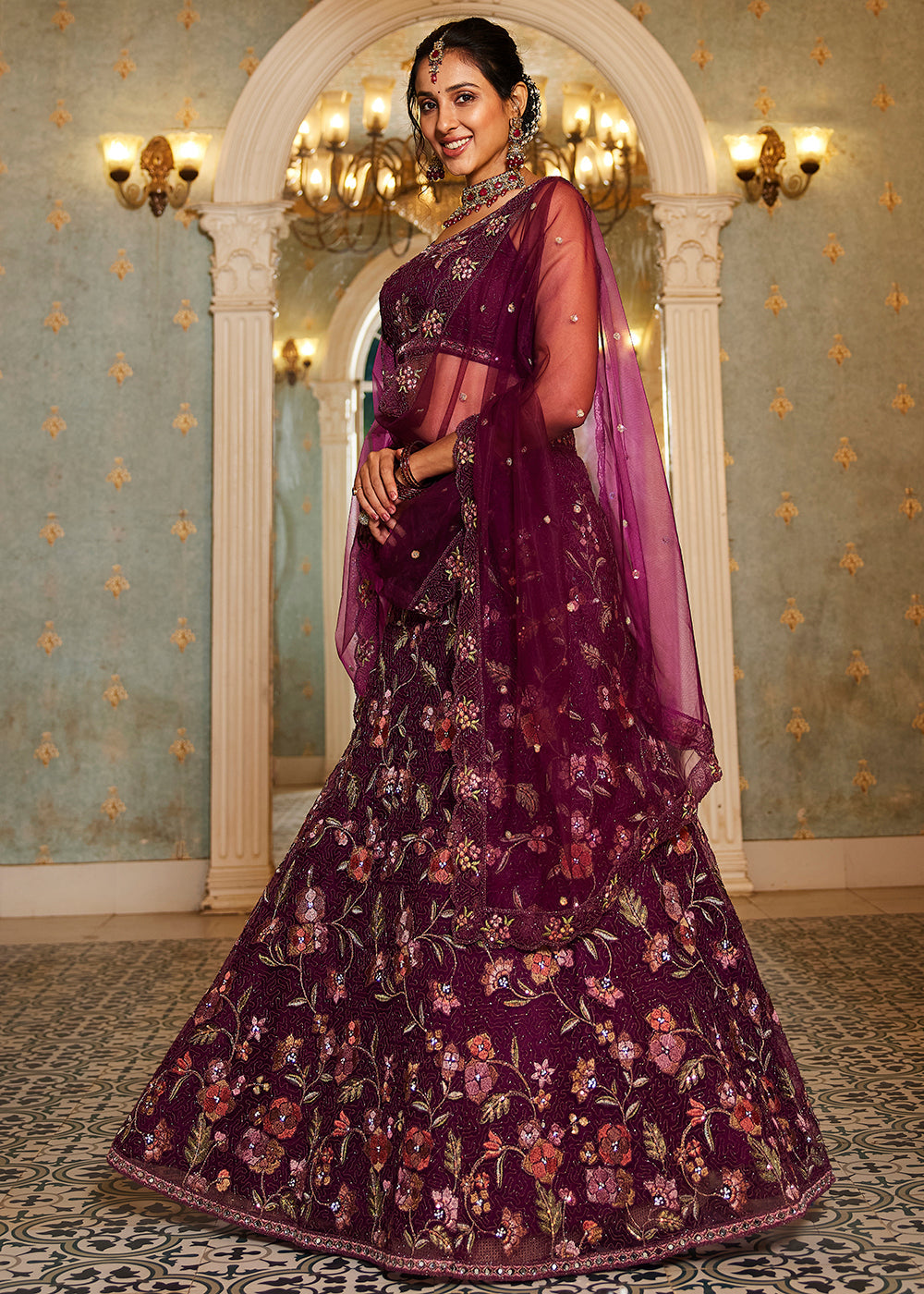 Burgundy Net Embroidered Wedding Style Lehenga Choli