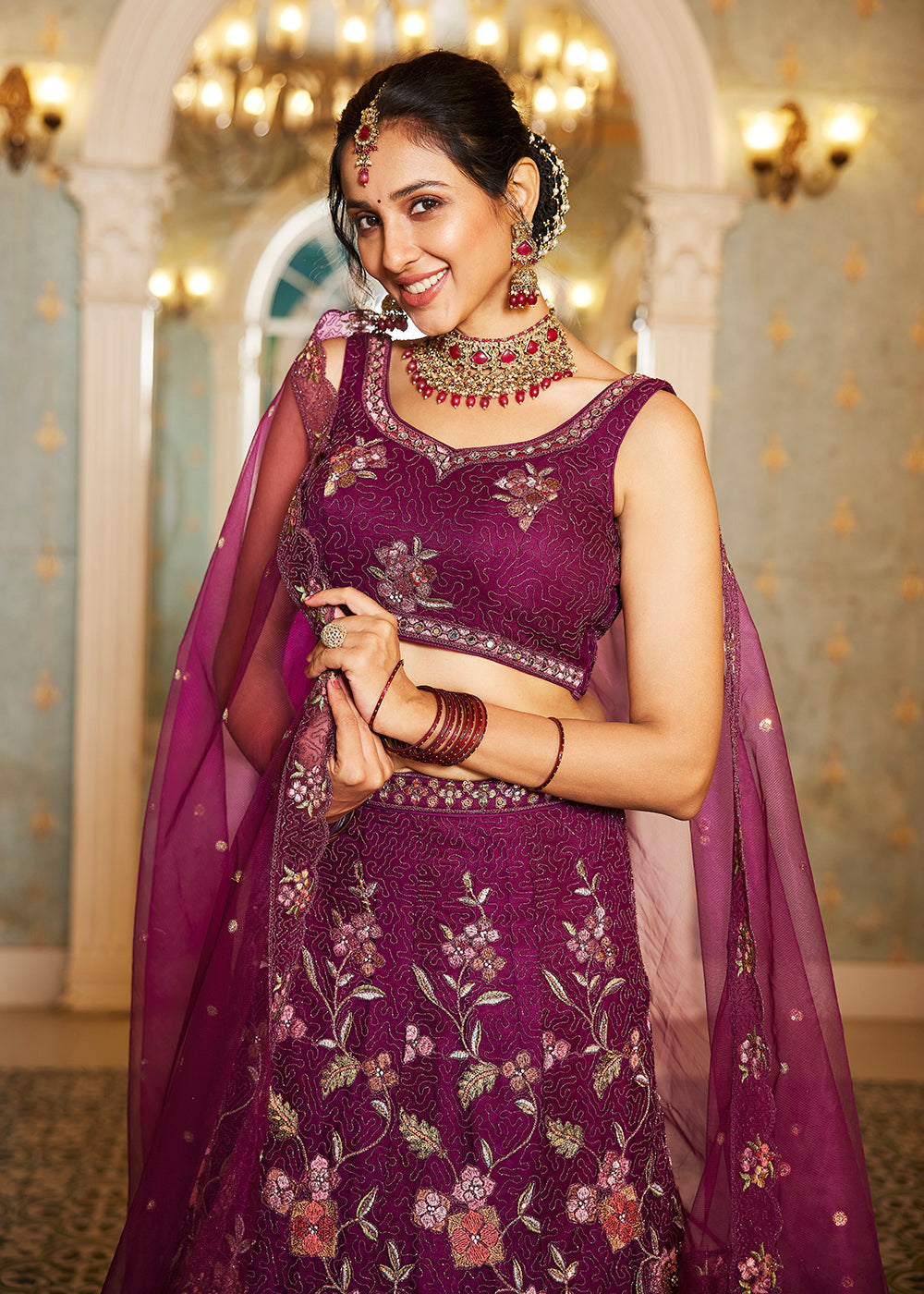 Burgundy Net Embroidered Wedding Style Lehenga Choli