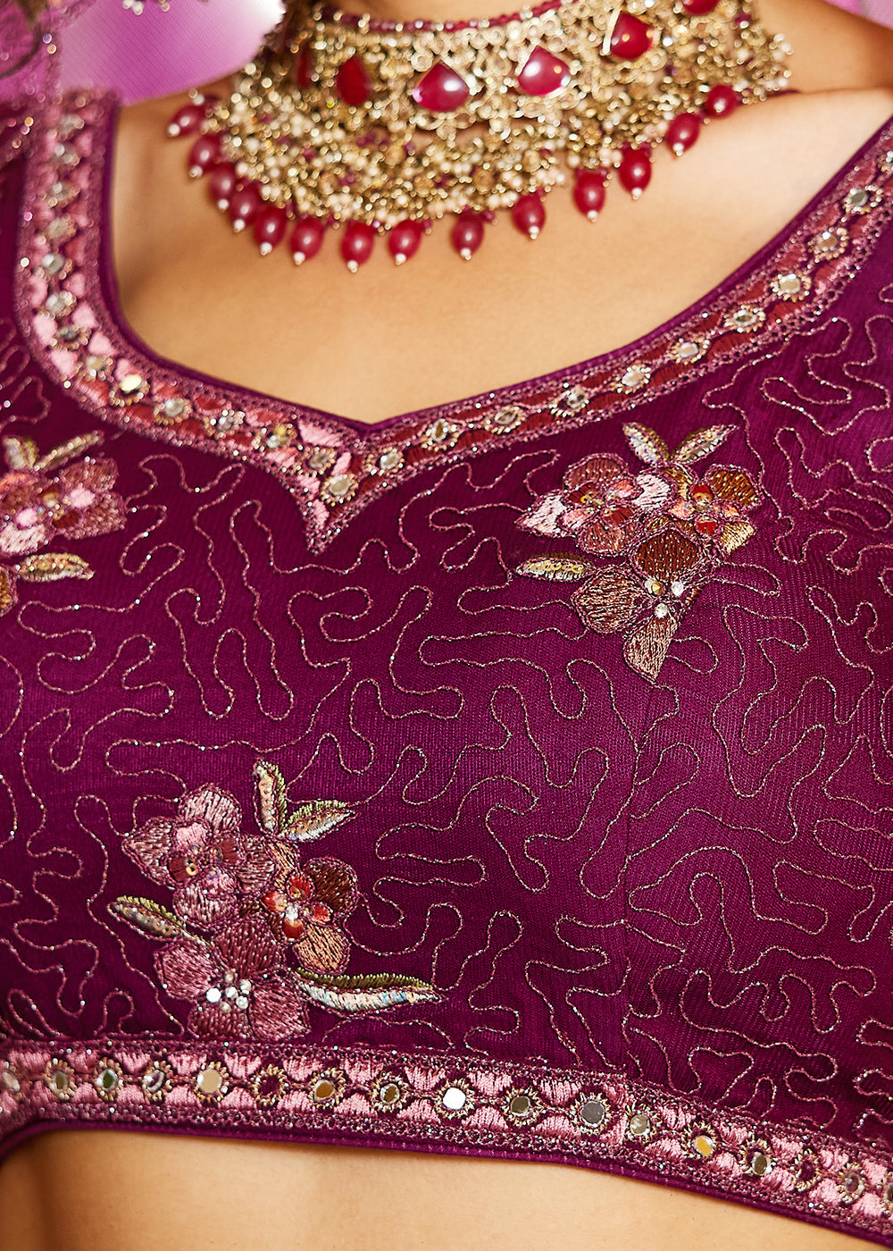 Burgundy Net Embroidered Wedding Style Lehenga Choli