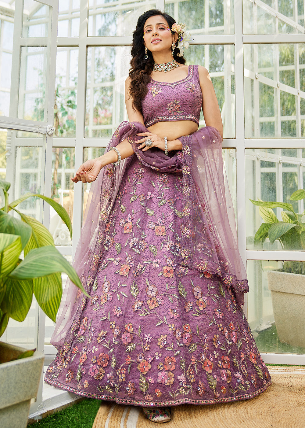 Lavender Net Embroidered Wedding Style Lehenga Choli