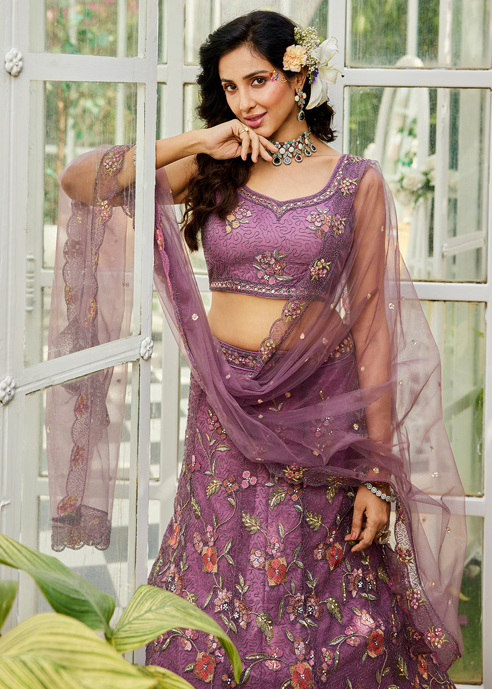 Lavender Net Embroidered Wedding Style Lehenga Choli