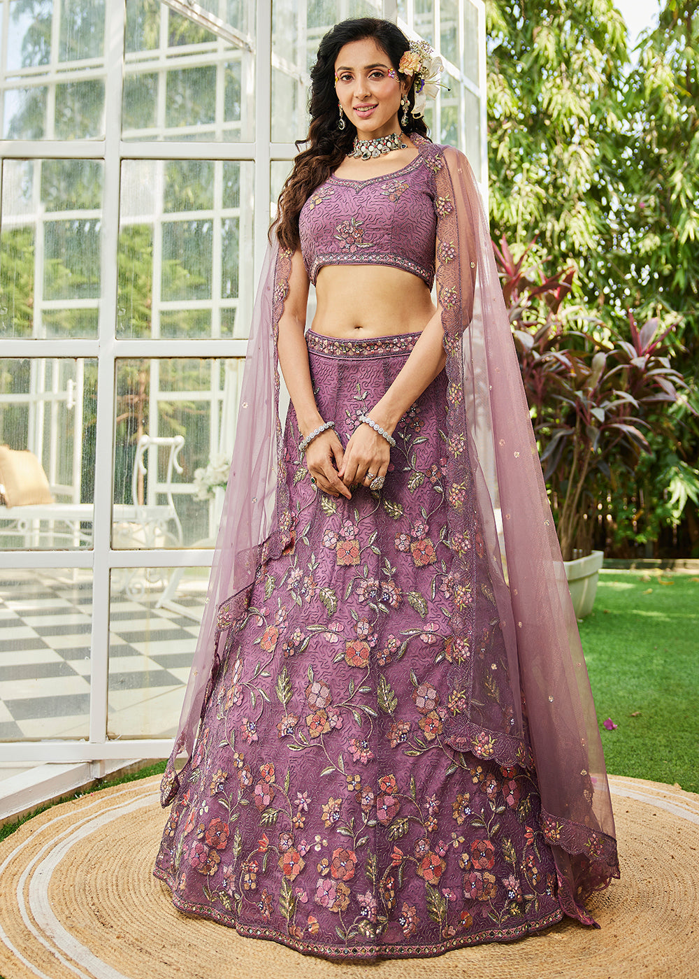 Lavender Net Embroidered Wedding Style Lehenga Choli