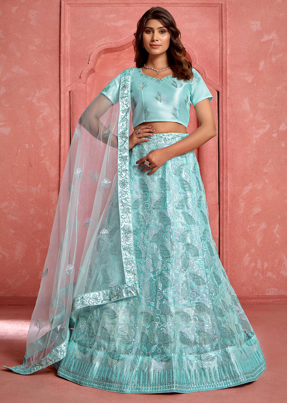 Baby Blue Floral Embroidered Wedding Festive Lehenga Choli