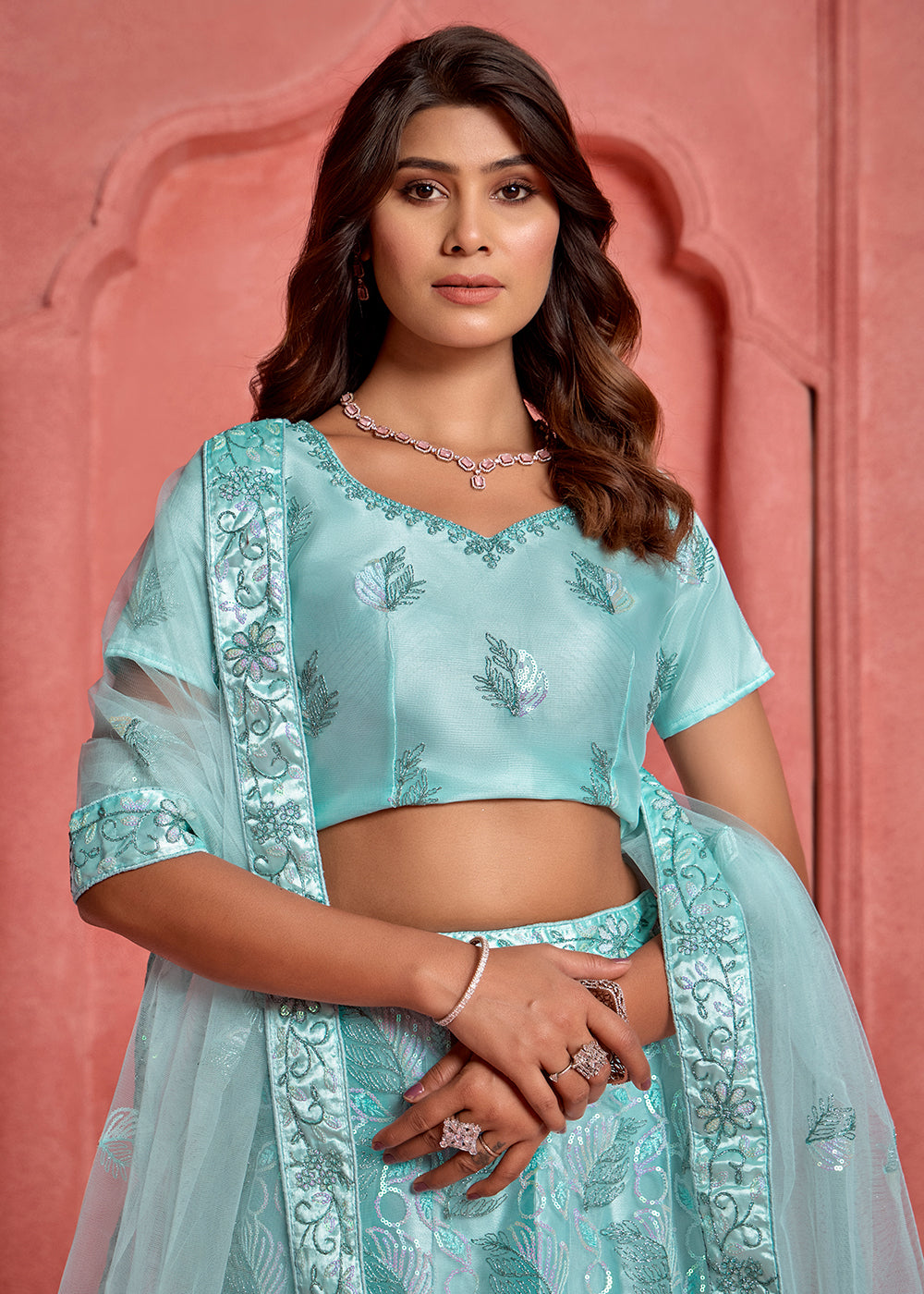 Baby Blue Floral Embroidered Wedding Festive Lehenga Choli