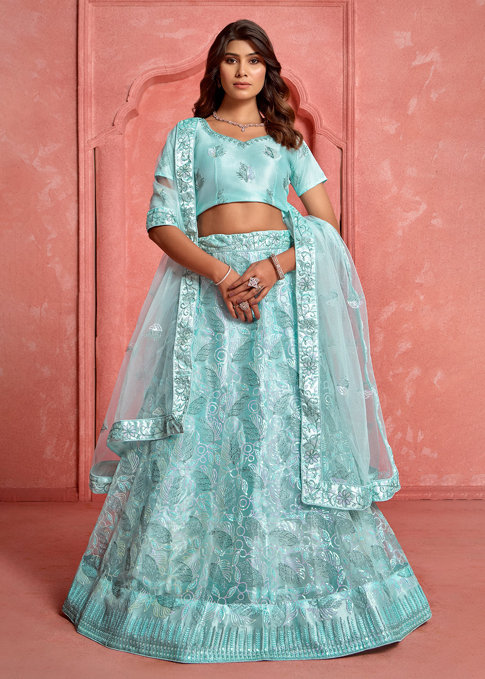 Baby Blue Floral Embroidered Wedding Festive Lehenga Choli