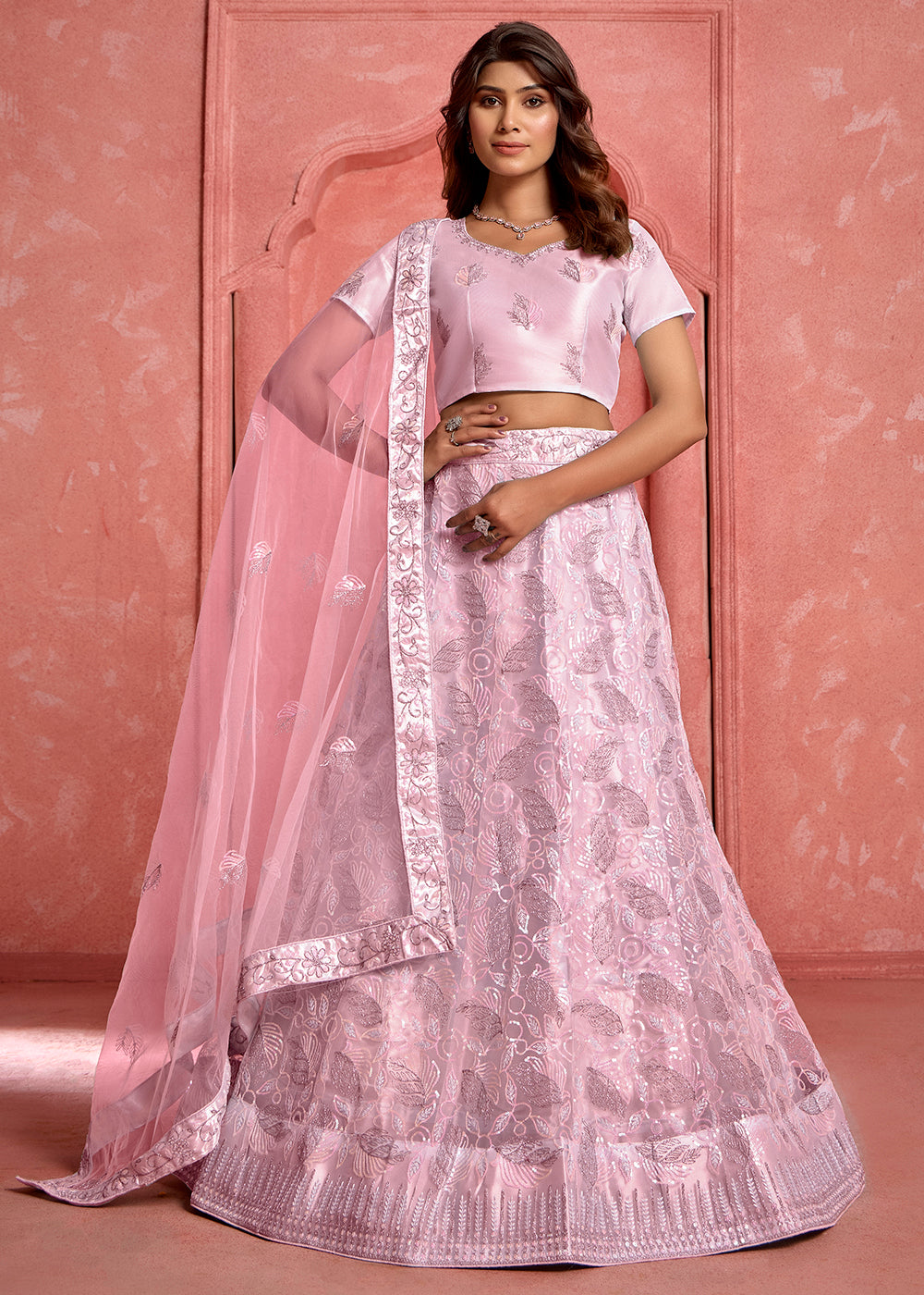 Pink Floral Embroidered Wedding Festive Lehenga Choli